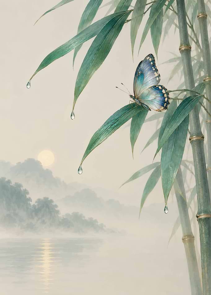 Butterfly on Bamboo in Misty Landscape