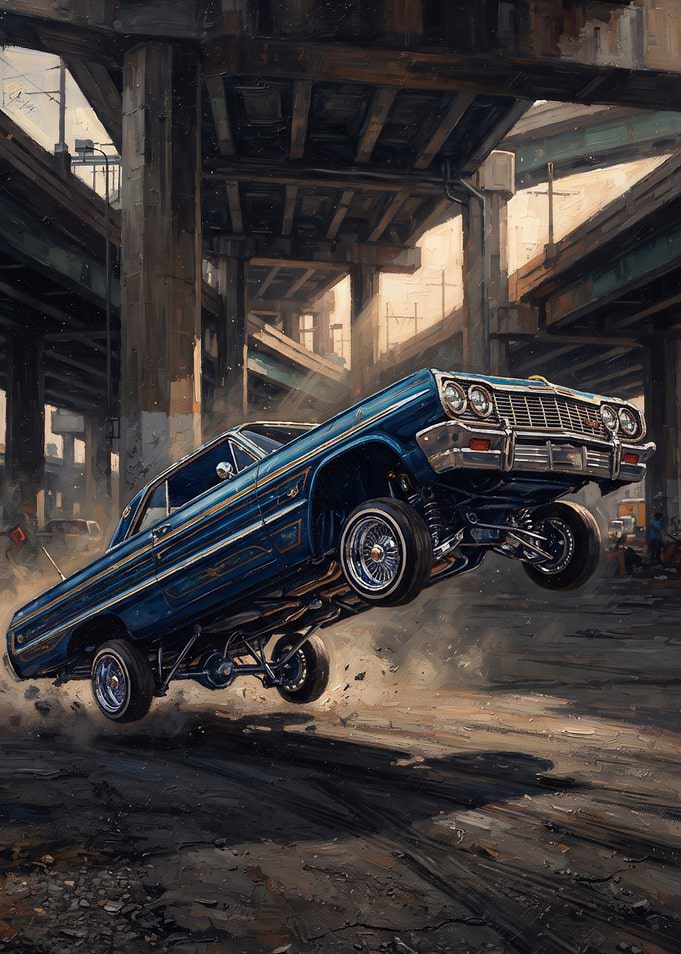Blue Lowrider Car Performing Hydraulic Hop