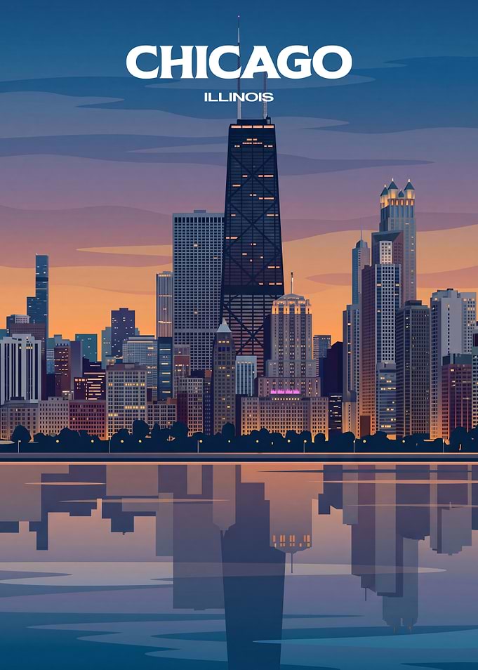 Chicago Skyline Sunset Travel Poster
