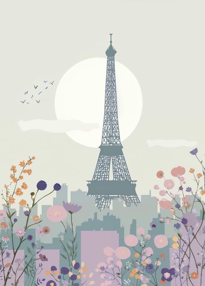 Eiffel Tower Over Pastel Floral Paris Skyline