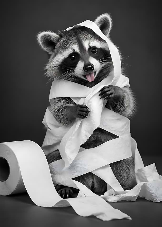 Cute Raccoon Wrapped in Toilet Paper