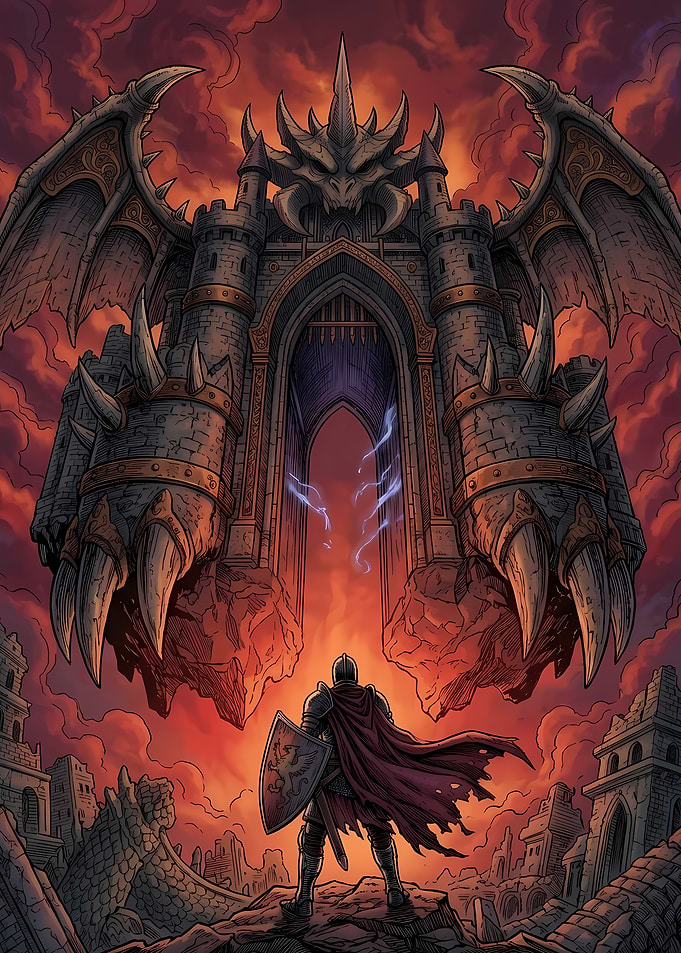 Knight Facing Floating Dragon Castle