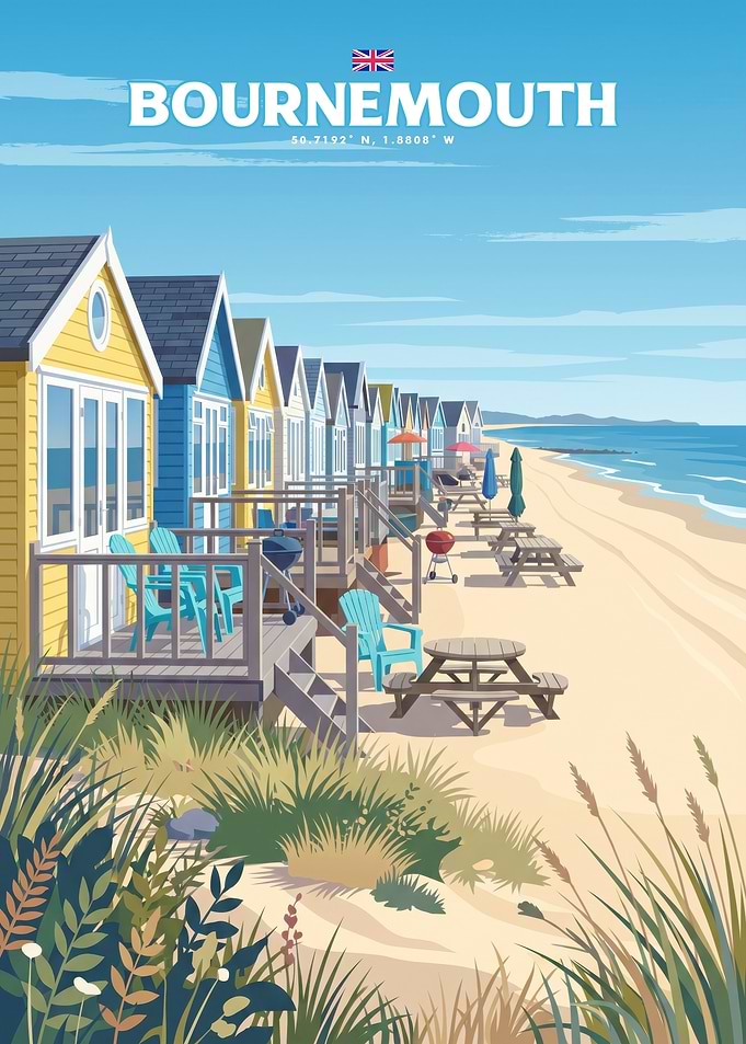 Bournemouth Beach Huts Travel Poster