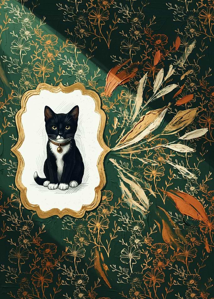 Black Cat Portrait Cats Vintage Art Style
