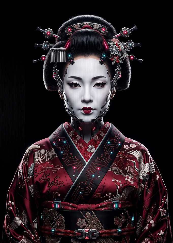 Cybernetic Geisha in Red Kimono