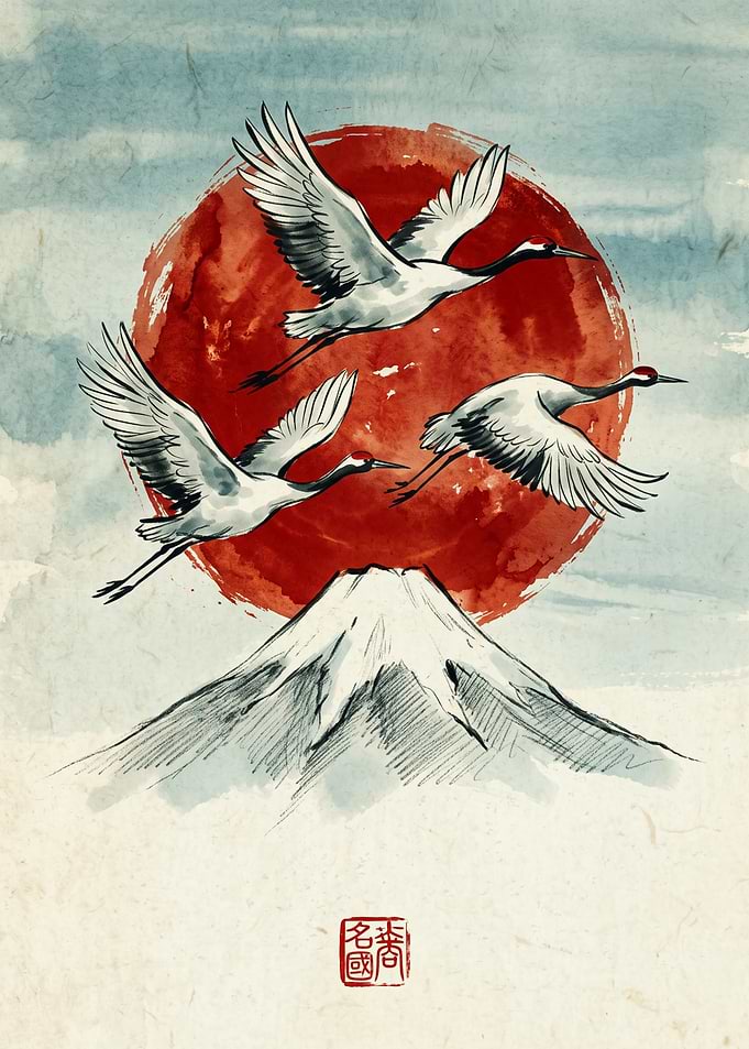Japanese Cranes Mount Fuji Red Sun Japanese Art Watercolor