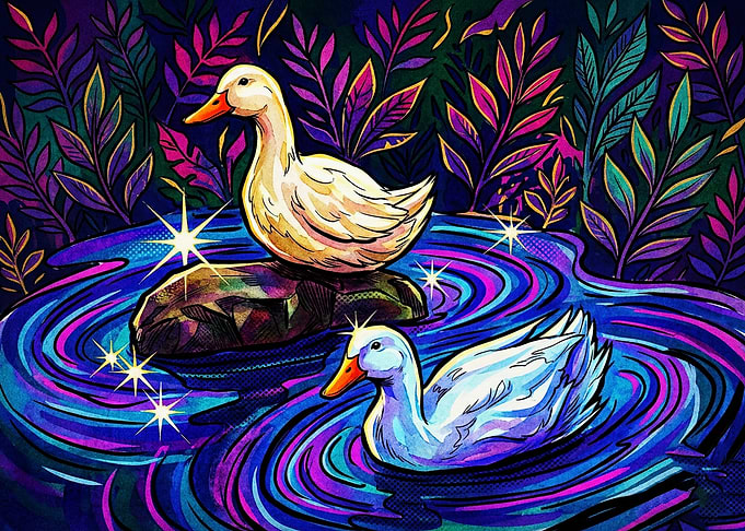 Vibrant Neon Ducks in Magical Pond