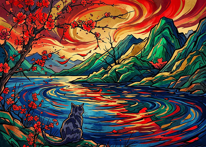 Cat Watching Vibrant Mountain Lake Sunset