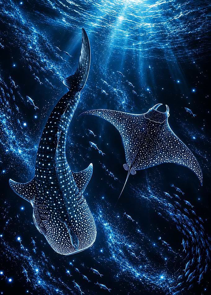 Bioluminescent Whale Shark and Manta Ray