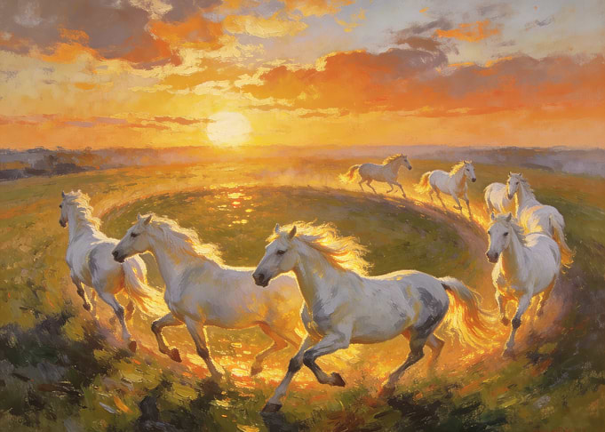White Horses Running at Sunset