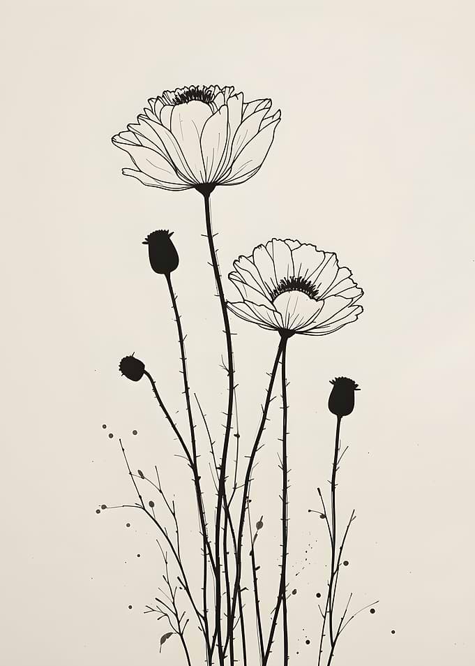 Minimalist Black and White Poppy Illustration