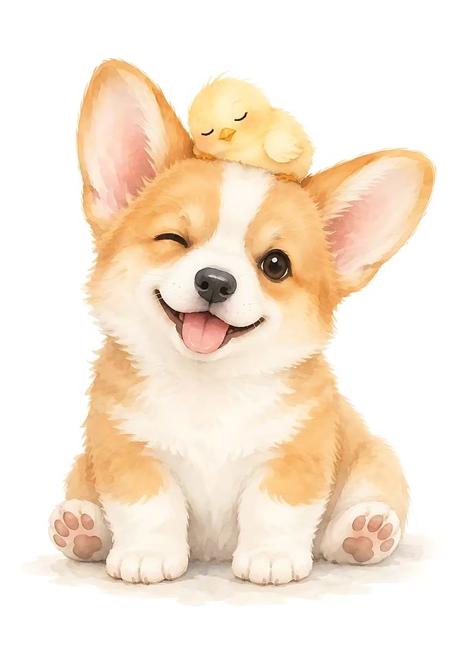 Cute Corgi Puppy with Sleeping Chick