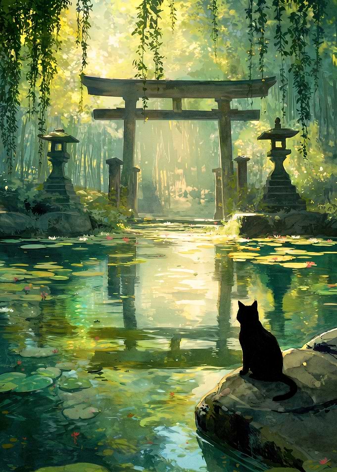 Black Cat at Japanese Torii Gate