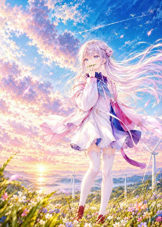 Girl in Flower Field Sunset