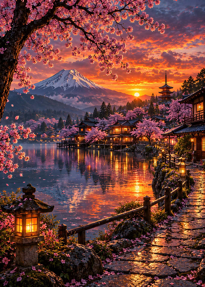Mount Fuji Sunset with Cherry Blossoms