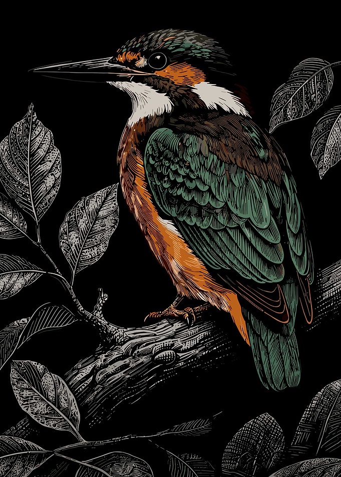 Engraved Style Kingfisher Bird Illustration
