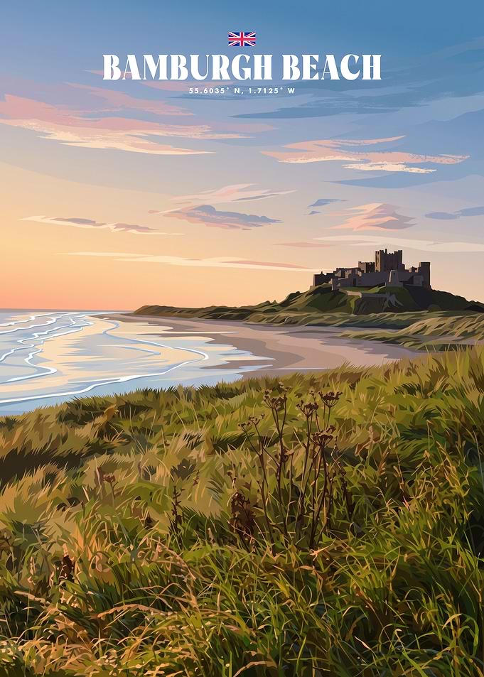 Bamburgh Beach Travel Poster