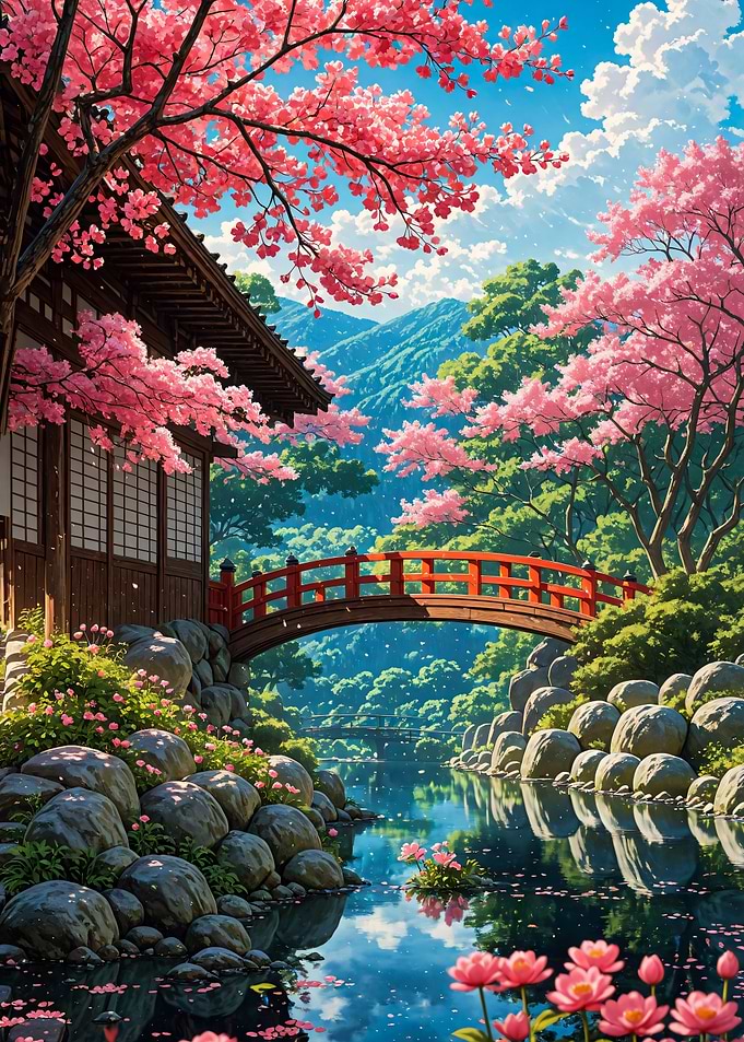 Scenery Japanese Garden with Cherry Blossoms