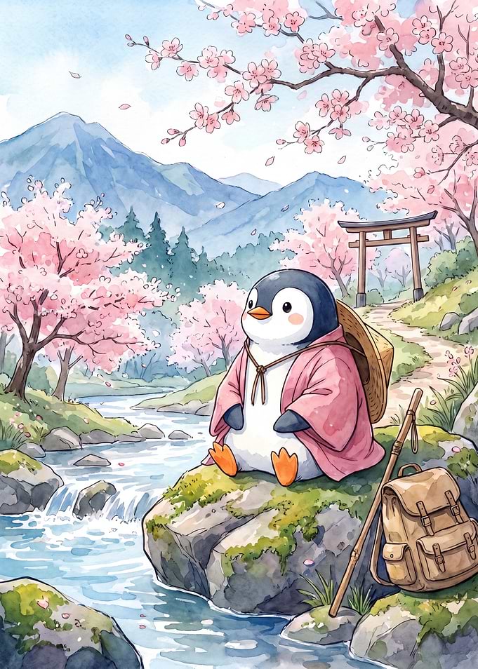 Cute Penguin Traveler in Cherry Blossoms