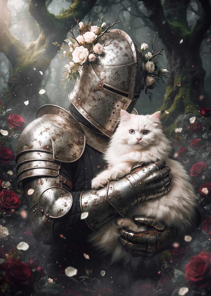 Knight Holding a Fluffy White Cat