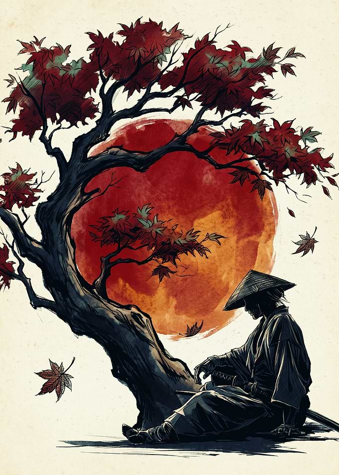 Samurai Under Maple Tree Japan Art Print Pencil Sketch