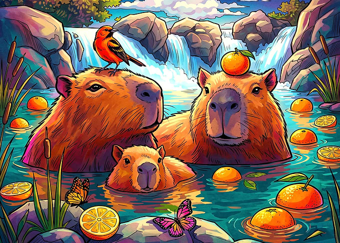 Capybaras Relaxing in Orange Water