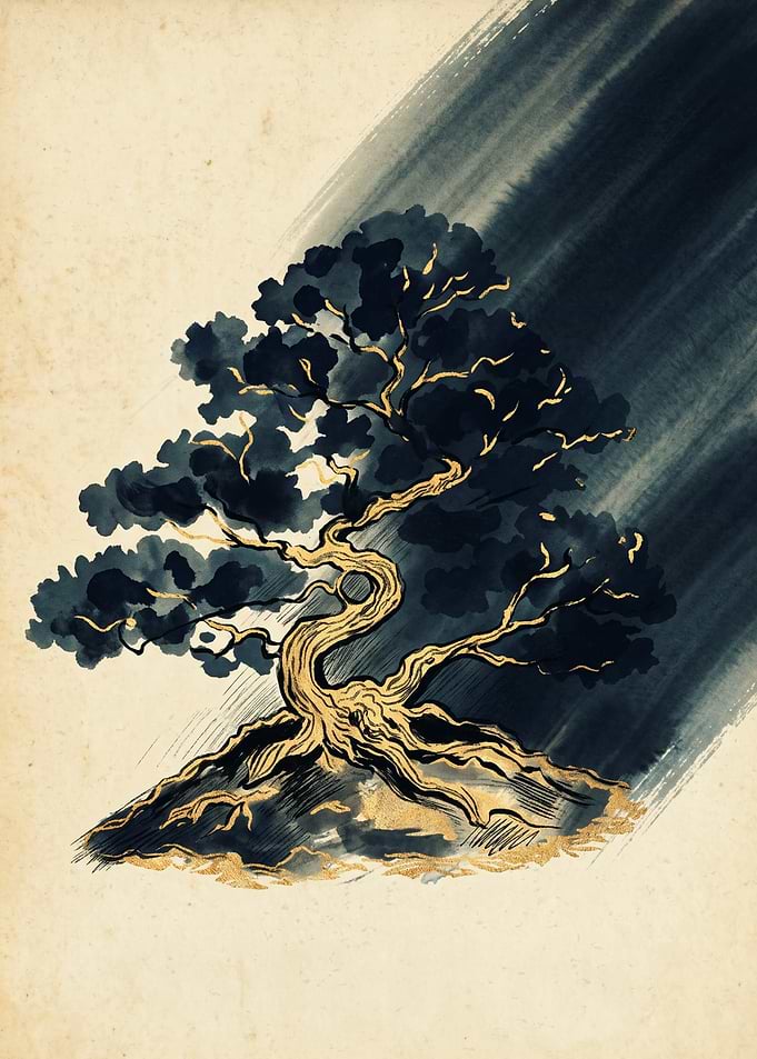 Bonsai Tree Japanese Nature Art Watercolor Painting