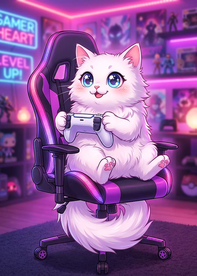 Cute White Cat Gaming Setup