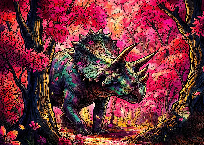Triceratops in a Vibrant Pink Forest
