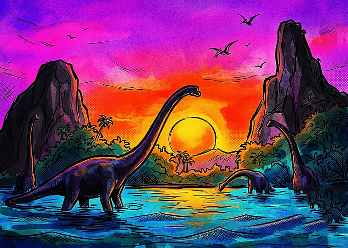 Vibrant Prehistoric Dinosaur Sunset Landscape