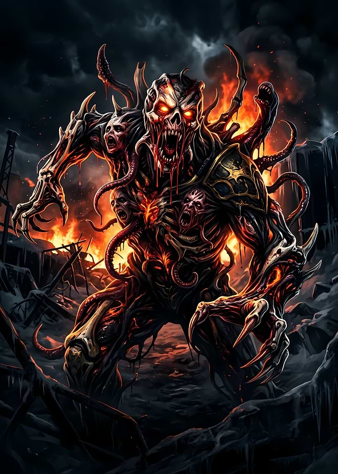 Demonic Flesh Monster in Ruined Landscape