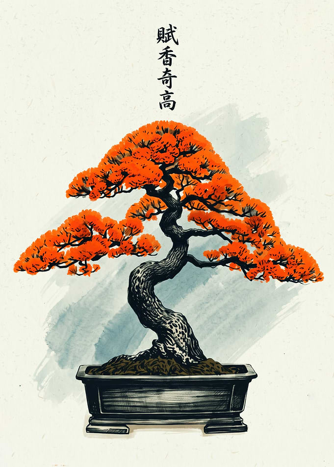 Orange Bonsai Tree Japanese Art Print Minimalist Ink Painting