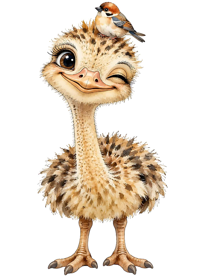 Cute Ostrich Chick with Bird Friend