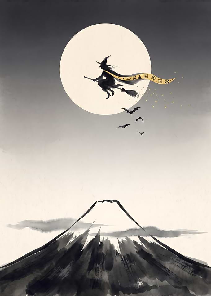 Witch Flying Over Mount Fuji