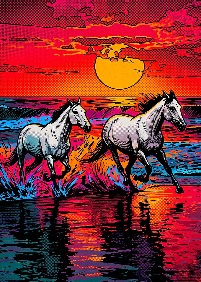 Horse Beach Sunset Retro Pop Art Po
