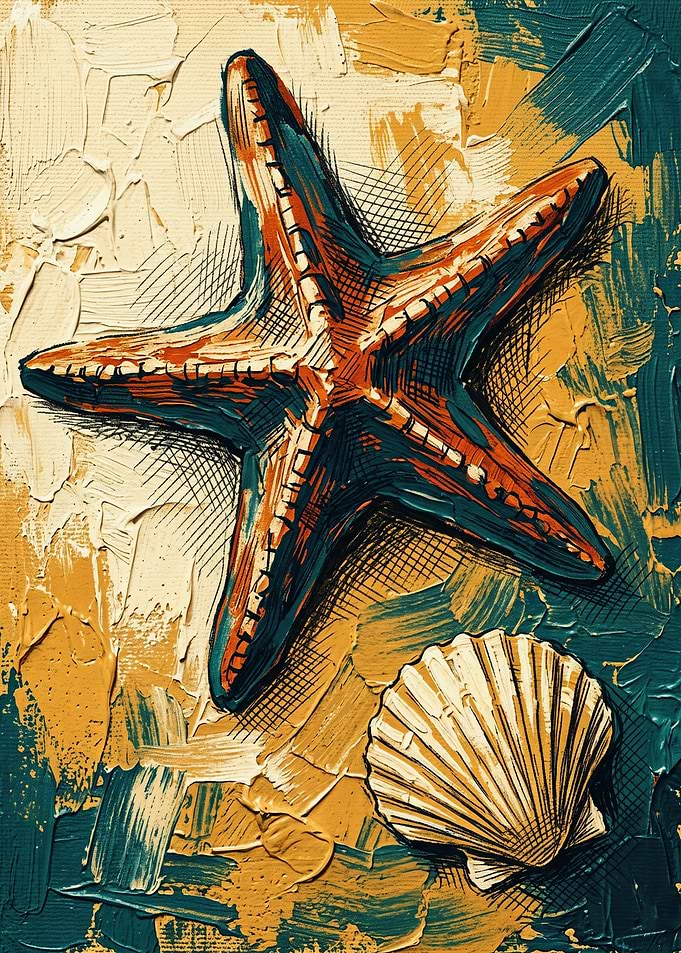 Starfish And Seashells Beach Ocean Art Impasto Painting
