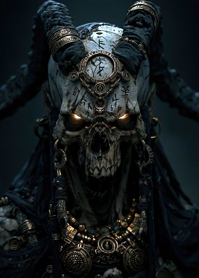Dark Fantasy Horned Skull Aztec Warrior