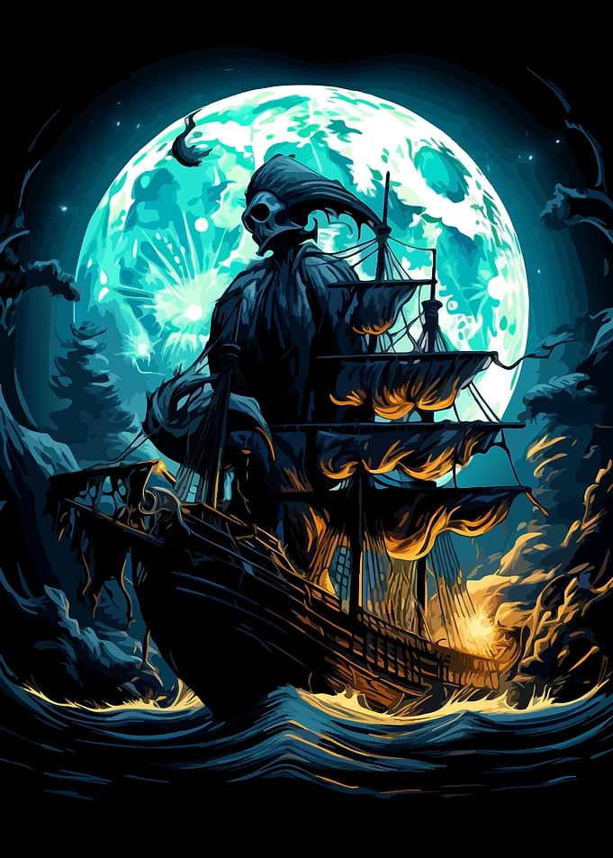 Ghost Ship Under Full Moon