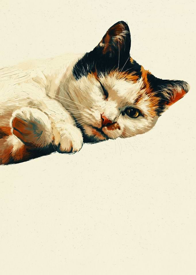 Sleeping Calico Cat, Cute Pet Illustration Painting