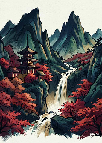 Japanese Pagoda Waterfall Mountain Landscape Asian Art Clear Brush Strokes