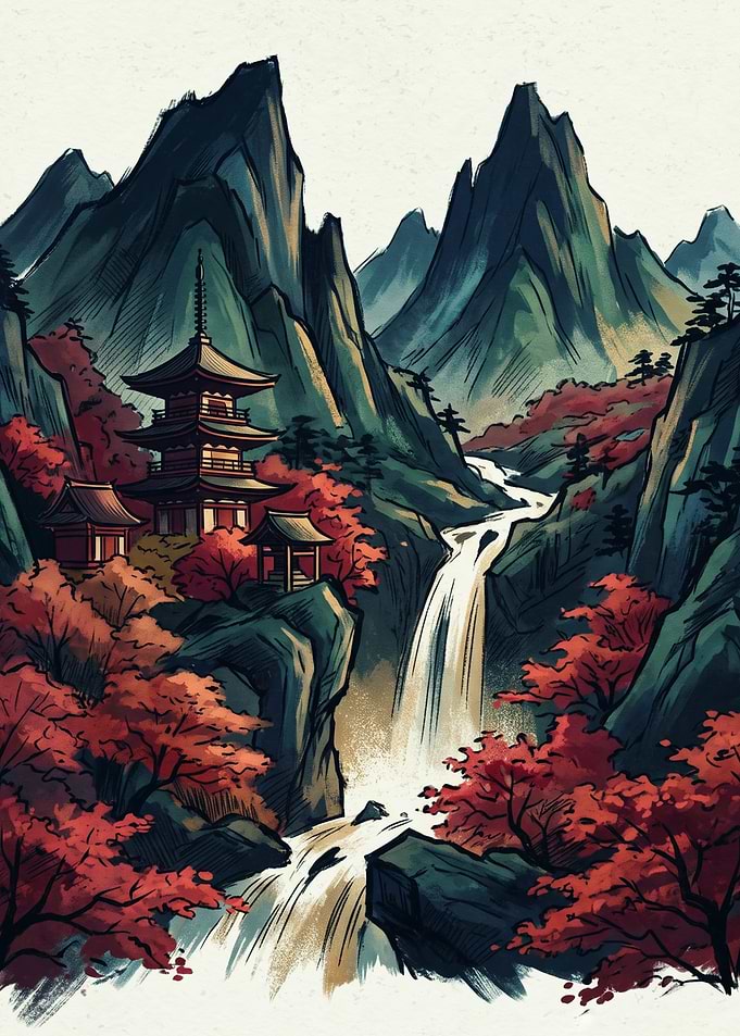 Japanese Pagoda Waterfall Mountain Landscape Asian Art Clear Brush Strokes