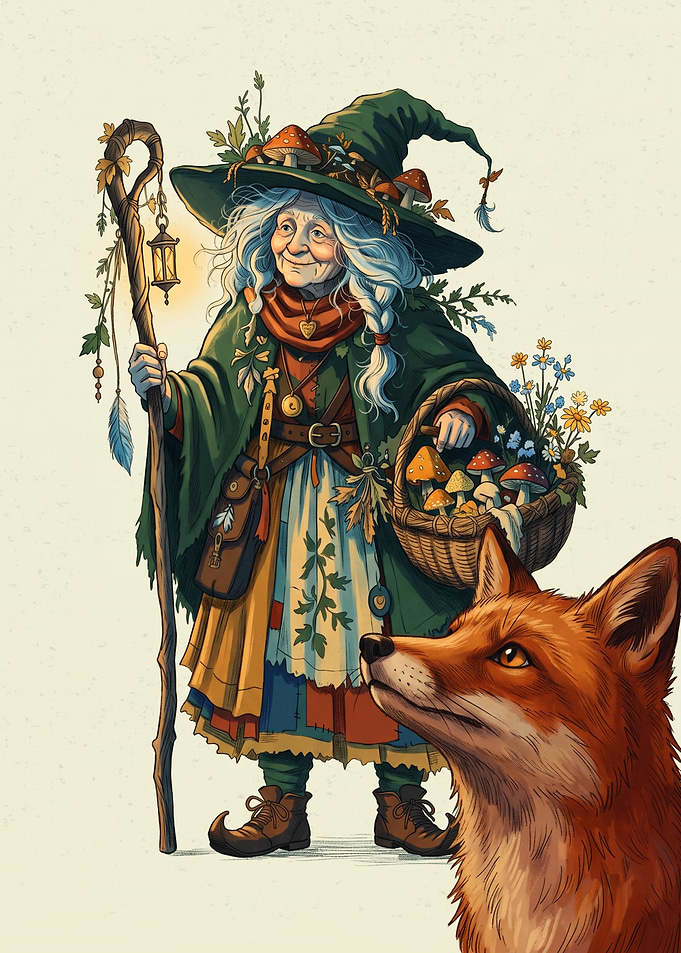Forest Witch And Fox Fantasy Art Illustration Clean Brush Strokes