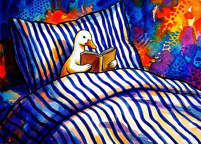 Duck Reading a Book in Bed