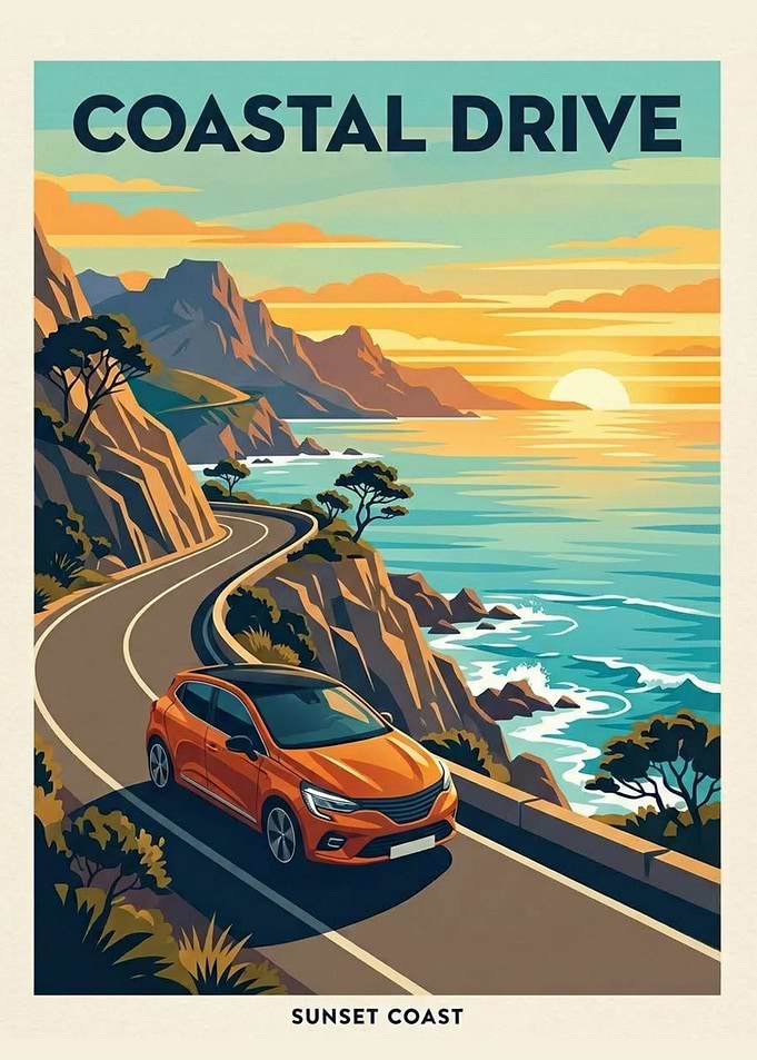 Coastal Drive Sunset Travel Poster