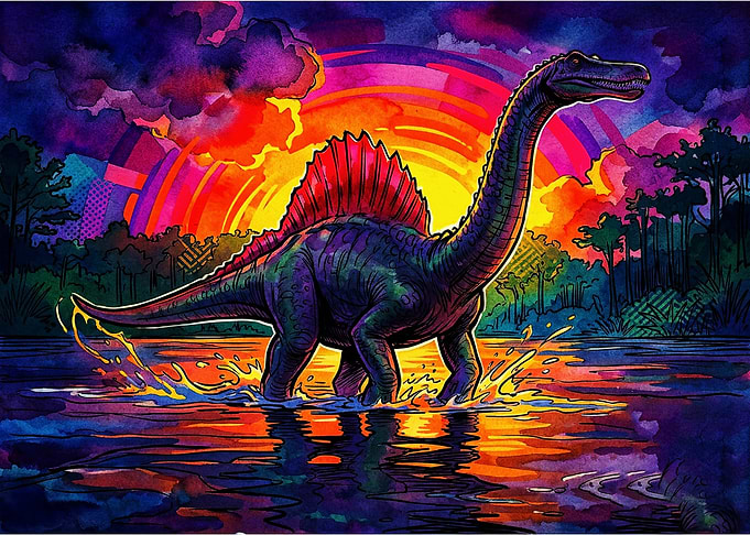 Vibrant Spinosaurus in Psychedelic Sunset