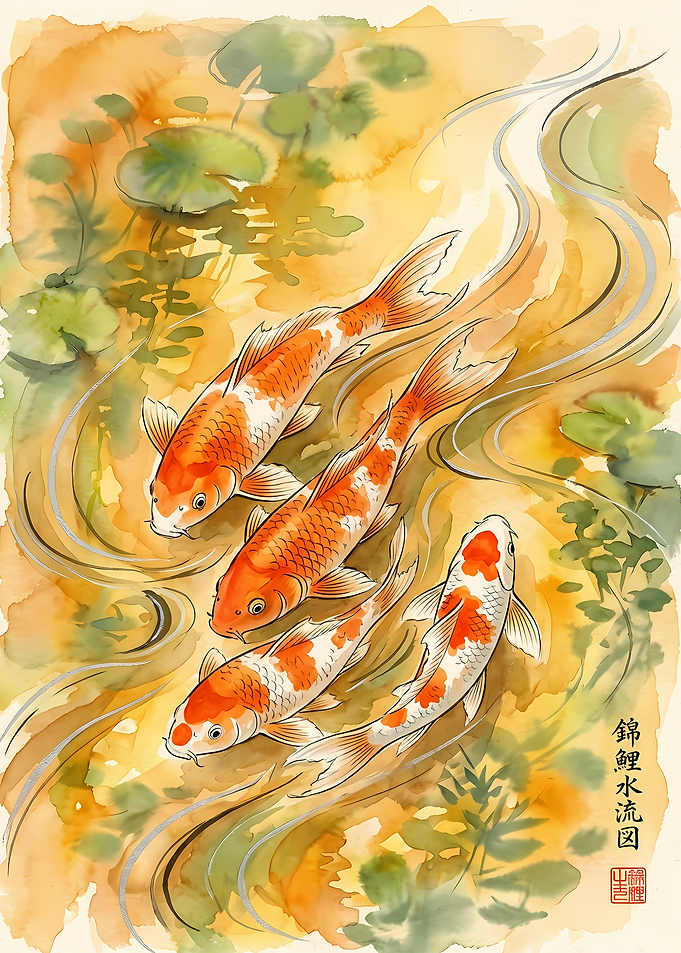 Watercolor Koi Fish Pond Painting