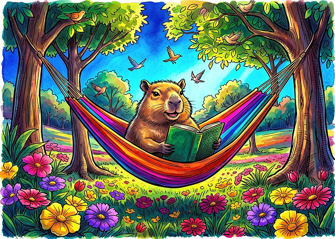 Capybara Reading in a Colorful Hammock