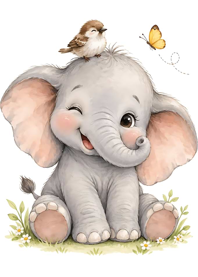 Cute Baby Elephant with Bird