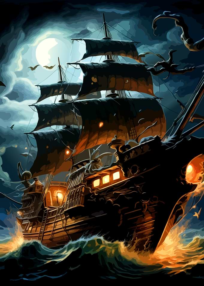 Ghostly Pirate Ship at Night