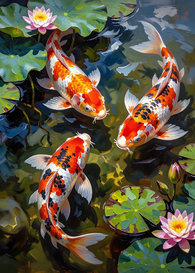 Three Vibrant Koi Fish in Pond with Water Lilies